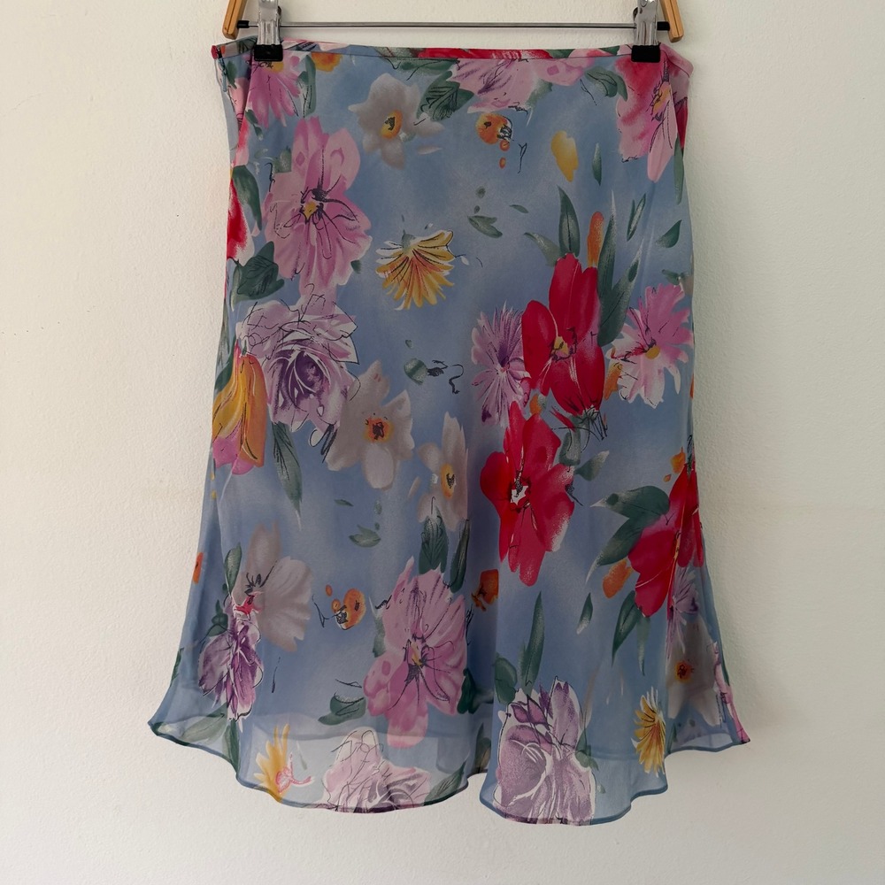Lauren Ralph Lauren Women Silk Blue Floral Chiffon Midi Skirt Cottagecore 12P